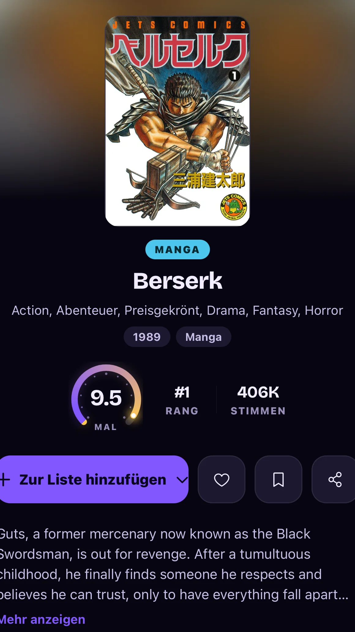 Eine Story-Karte für Berserk: das Artwork, ein Score von 9.5 und die Anibito-Signatur