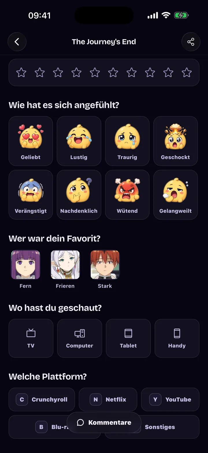 Folgen-Tagebuch: acht Gefühle, Lieblingscharakter und Gerät