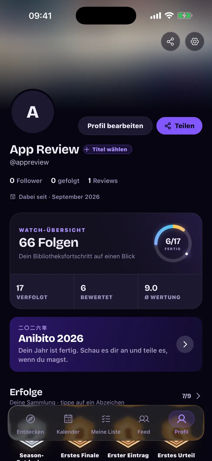 Profil: Watch-Bilanz, getrackte und bewertete Titel, Abzeichen