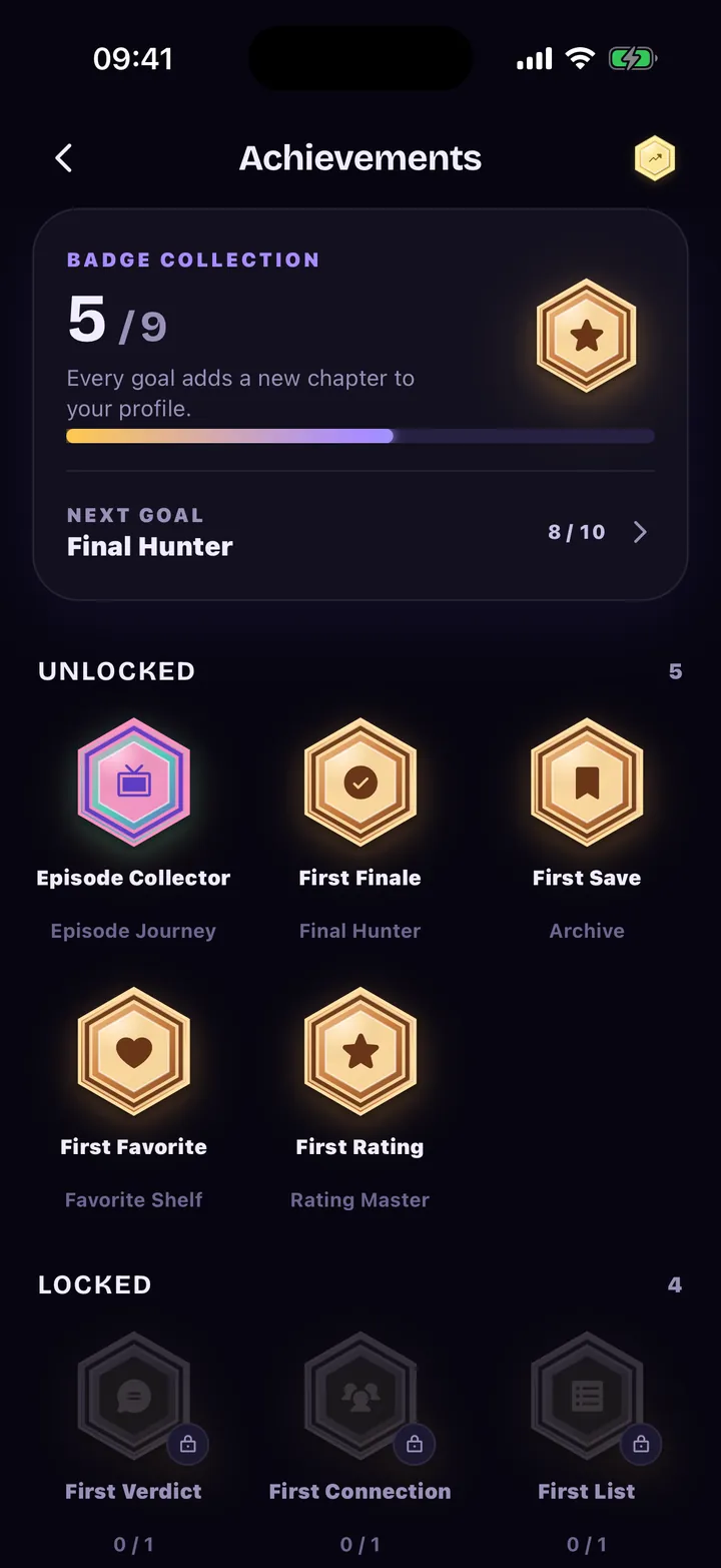 Achievements: unlocked and locked badges