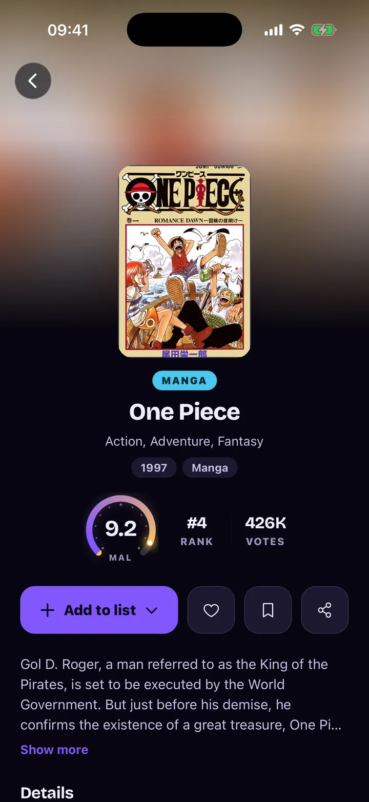 One Piece manga page: MAL score 9.2, rank 4