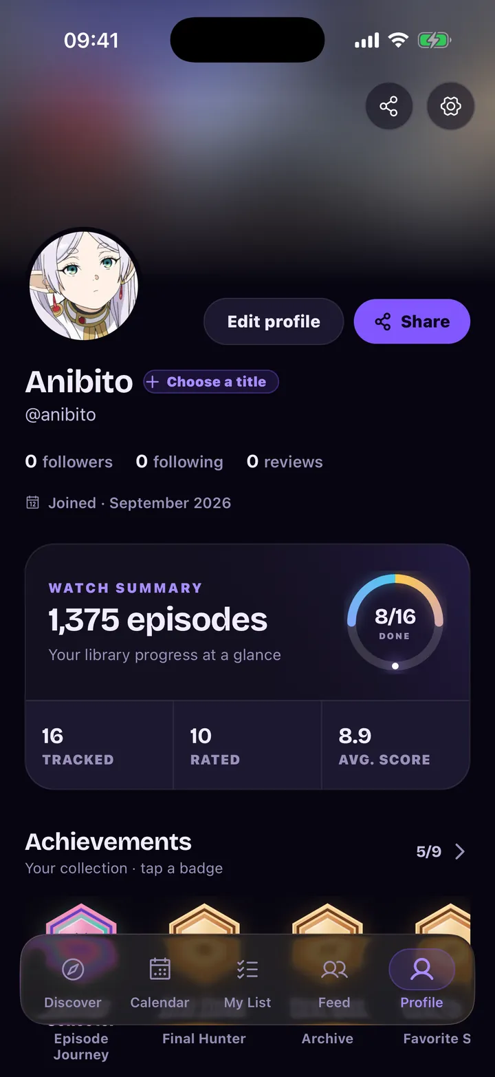 Profile: watch summary, tracked and rated titles, badges