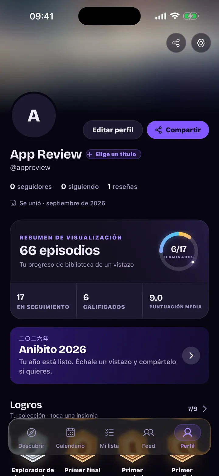 Perfil: resumen de visualización, títulos seguidos y calificados, insignias