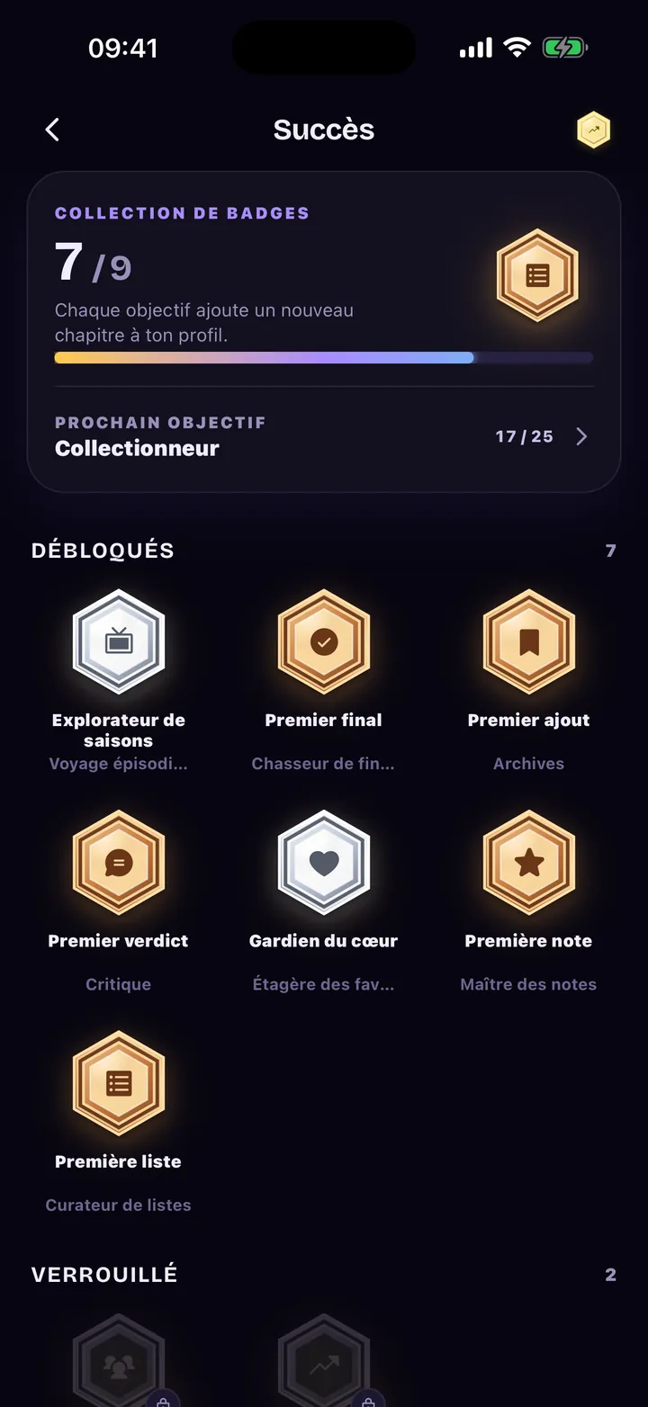 Succès : badges débloqués et verrouillés