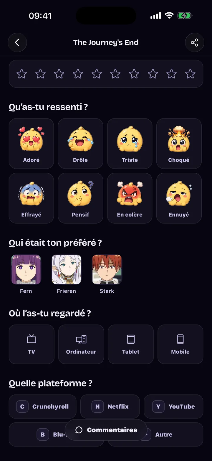 Journal des épisodes : huit émotions, personnage préféré et appareil