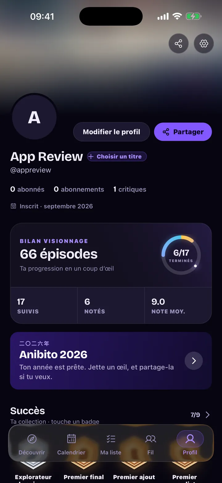 Profil : bilan de visionnage, titres suivis et notés, badges