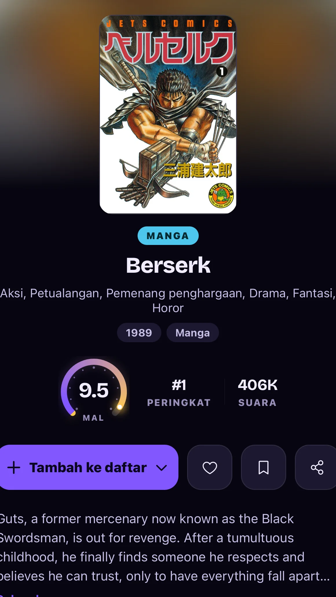 Kartu story untuk Berserk: artwork, skor 9.5, dan tanda tangan Anibito