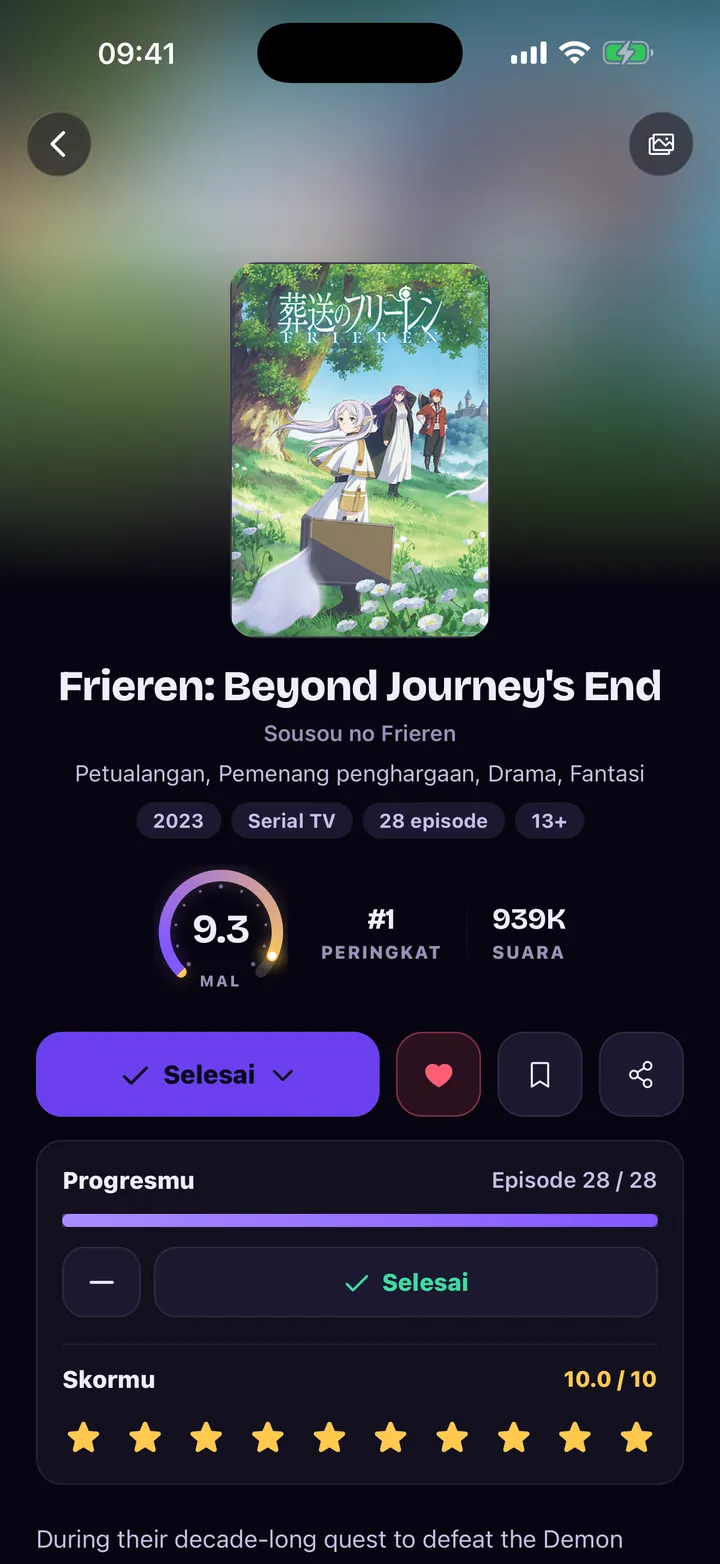 Halaman judul Frieren: skor MAL 9.3 dan progres