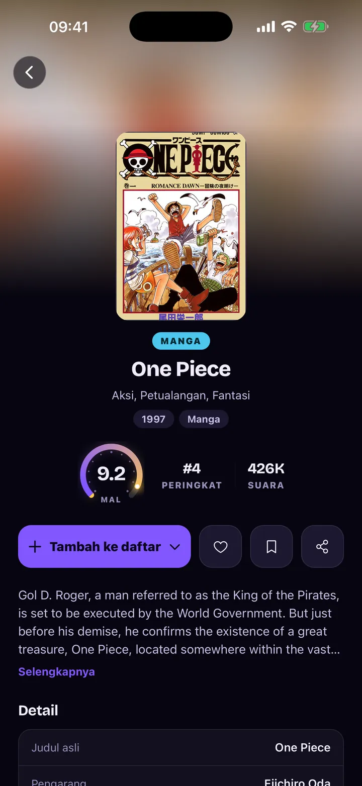 Halaman manga One Piece: skor MAL 9.2, peringkat 4