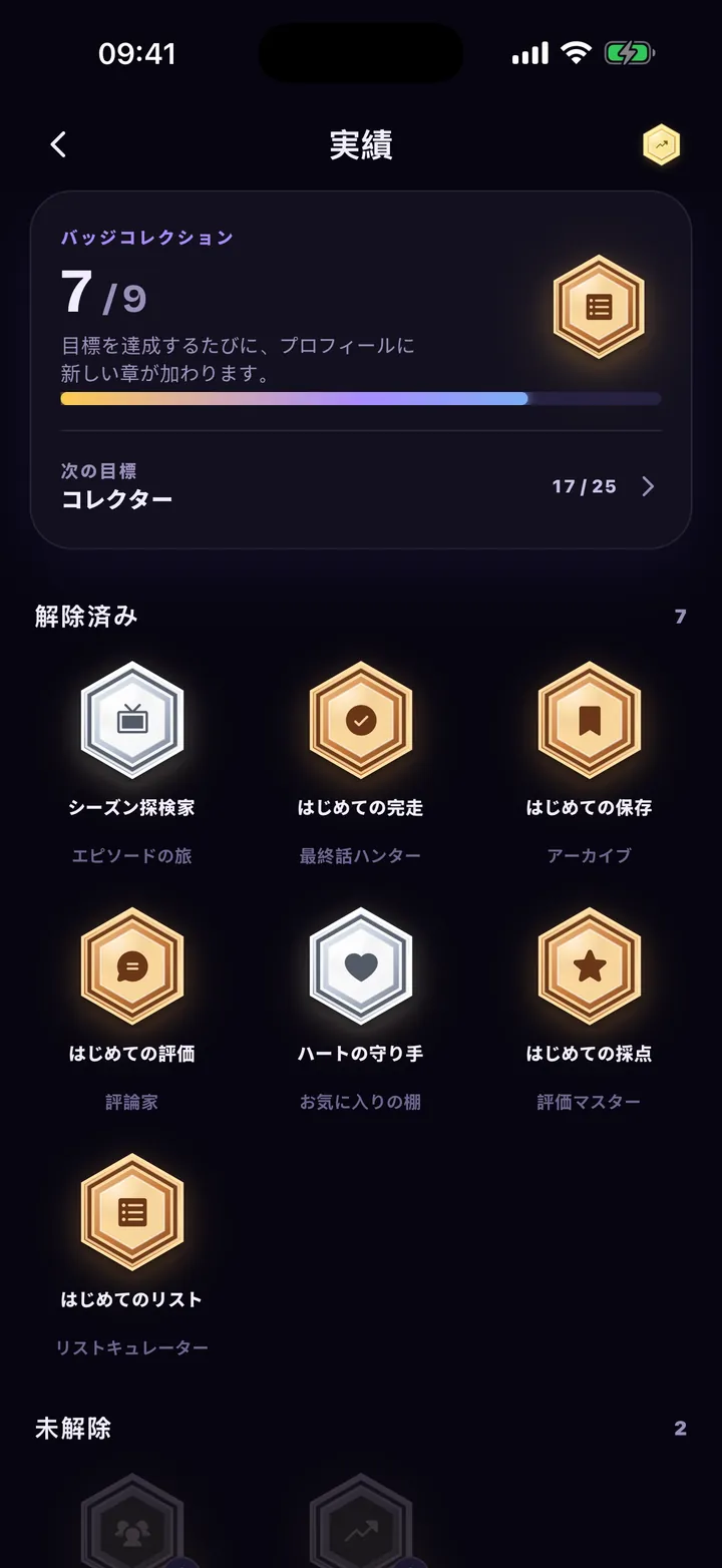 実績:解除済みと未解除のバッジ