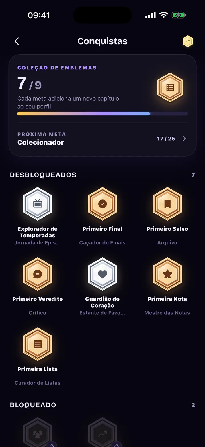 Conquistas: emblemas desbloqueados e bloqueados