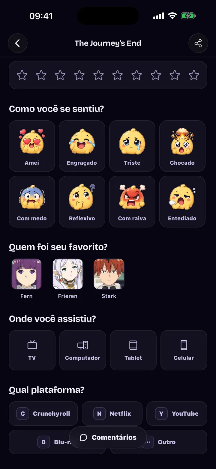 Diário de episódios: oito sentimentos, personagem favorito e aparelho
