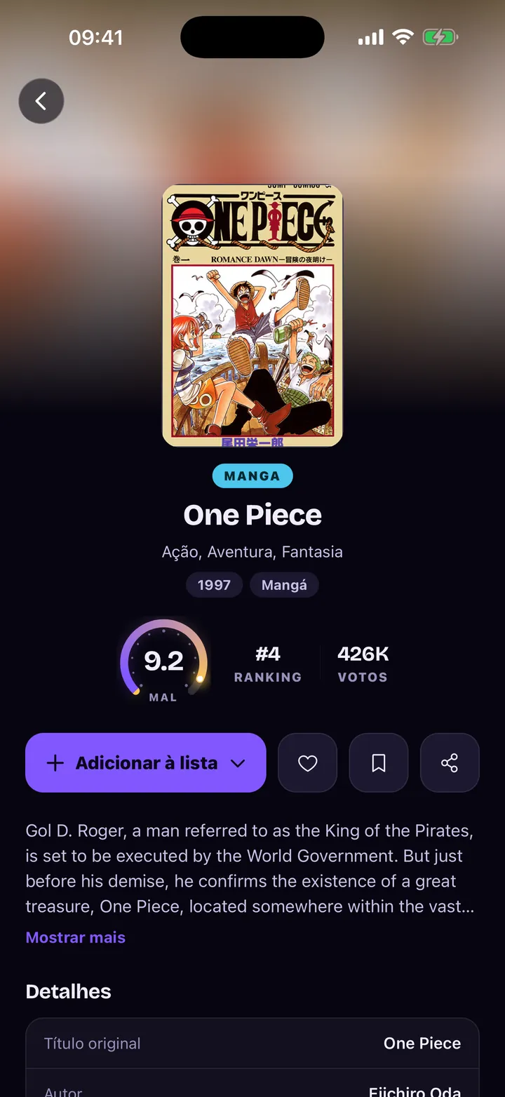 Página do mangá One Piece: nota 9,2 no MAL, 4º no ranking
