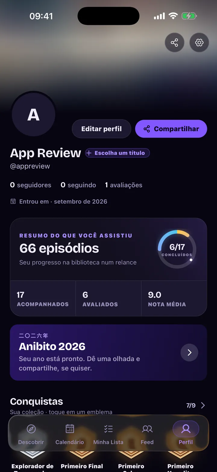 Perfil: resumo do que você assistiu, títulos acompanhados e avaliados, emblemas