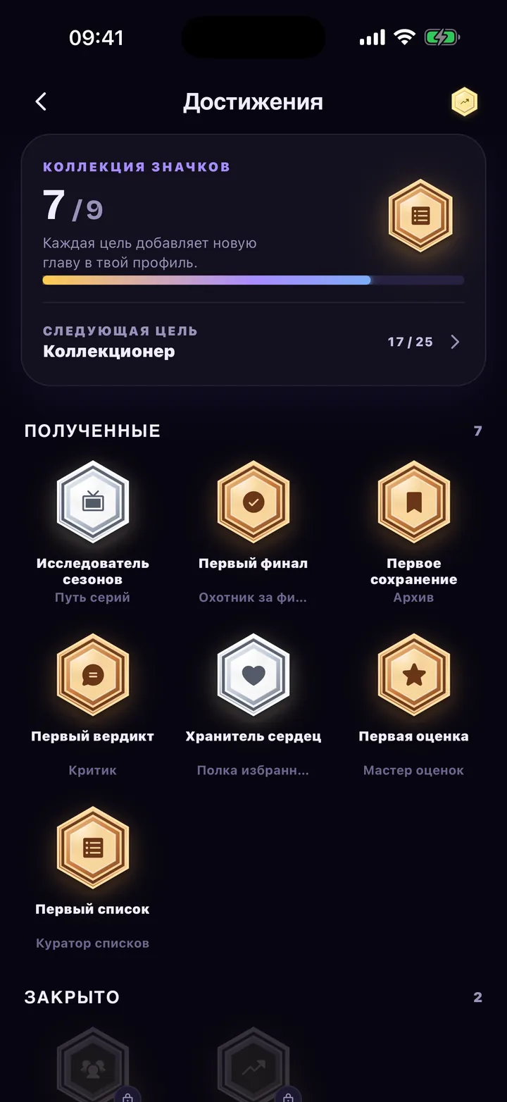 Достижения: открытые и закрытые значки